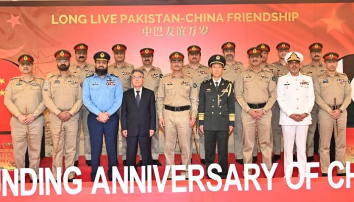 COAS General Syed Asim Munir (centre) in a group photo with Chinese top officials during 97th Anniversary of founding of Peoples Liberation Army (PLA) of China hosted at the GHQ, Rawalpindi, on July 18, 2024. — ISPR