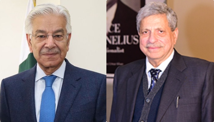 PTI leader and senior lawyer Hamid Khan (right) and Defence Minister Khawaja Asif (left). —Cornelius, Lane & Mufti/ Facebook/ @khawajaAsifofficial/ File