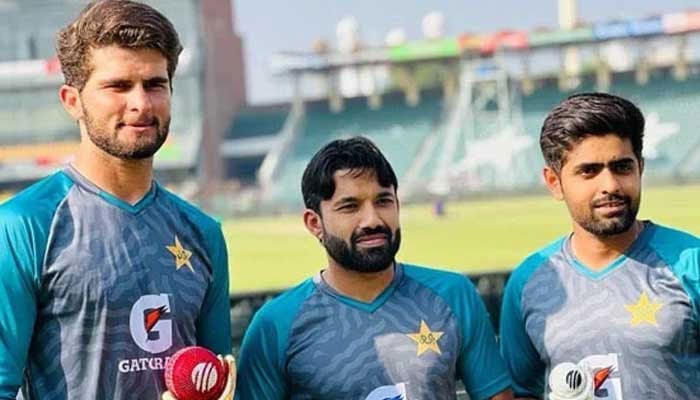 (Right to left) Pakistan captain Babar Azam, wicketkeeper-batter Mohammad Rizwan, and fast bowler Shaheen Shah Afridi — Twitter/@iShaheenAfridi