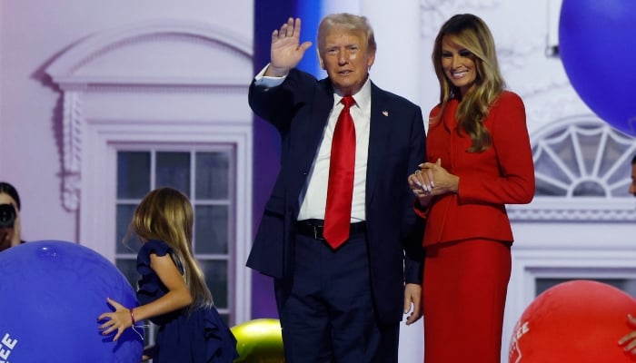 Republican presidential nominee and former US President Donald Trump is joined on stage by wife Melania and other relatives after he finished giving his acceptance speech on Day 4 of the Republican National Convention (RNC), at the Fiserv Forum in Milwaukee, Wisconsin, US, on July 18, 2024. —Reuters