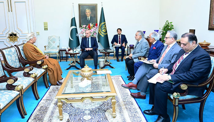 The ambassador of the Sultanate of Oman, Fahad Sulaiman Khalaf Al Kharusi, pays a courtesy call on Prime Minister Shehbaz Sharif on July 19, 2024. — PID