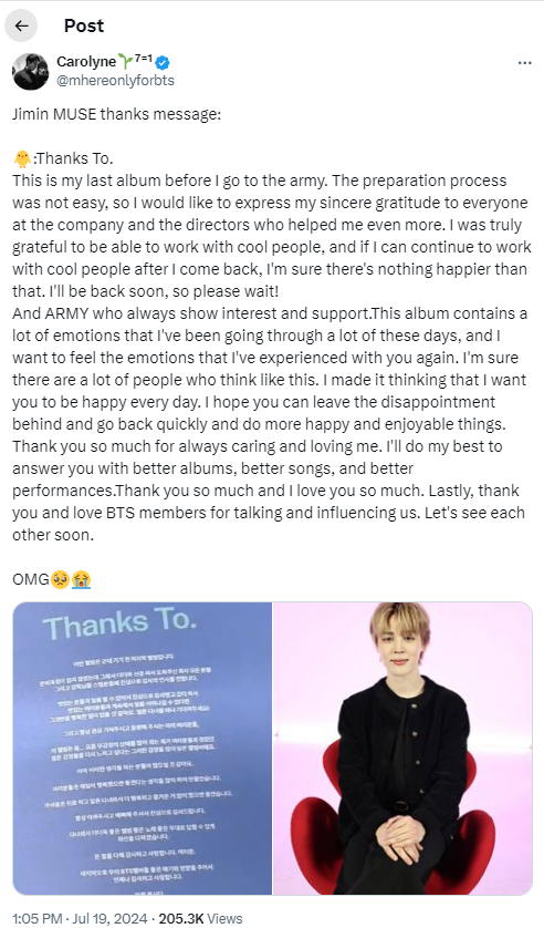 BTSs Jimin pens heartfelt note to fans after MUSE release