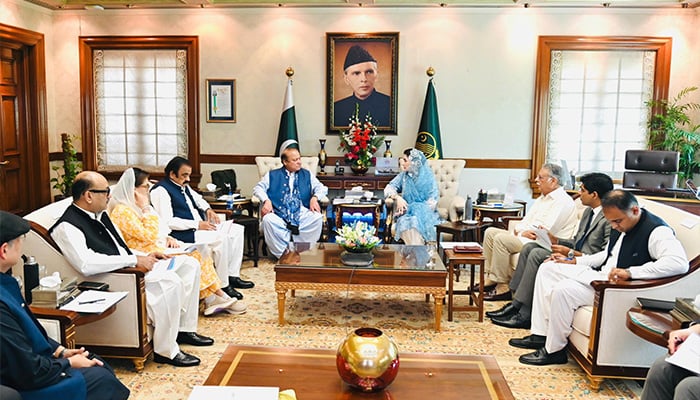 PML-N president Nawaz Sharif and Punjab CM Maryam Nawaz chair the session to review progress on CM Solar Panel Scheme in Lahore on July 20, 2024. — X/@pmln_org