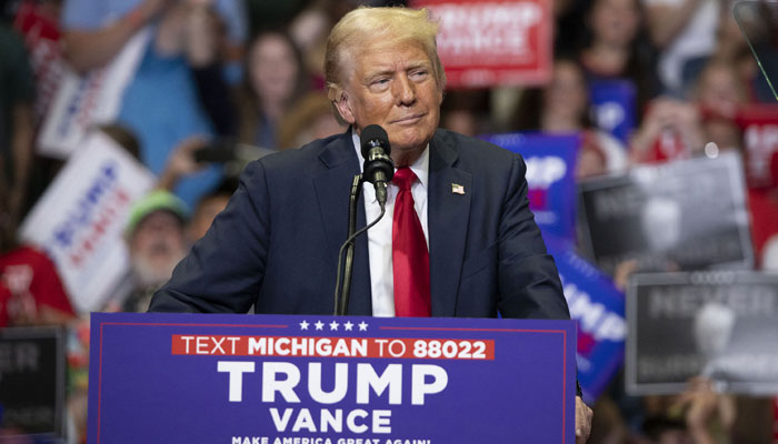 Republican Presidential nominee former President Donald J. Trump holds his first public campaign rally with his running mate, Vice Presidential nominee US Senator JD Vance (R-OH) (not pictured), at the Van Andel Arena on July 20, 2024 in Grand Rapids, Michigan.