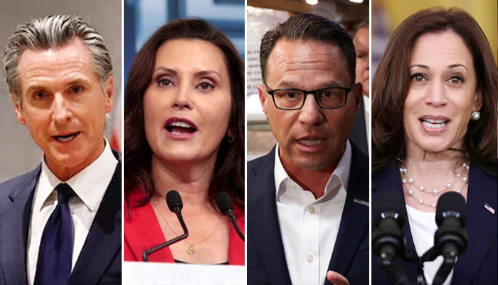 (Left to right) Gavin Newsom, Gretchen Whitmer, Josh Shapiro and Kamala Harris. — Reuters