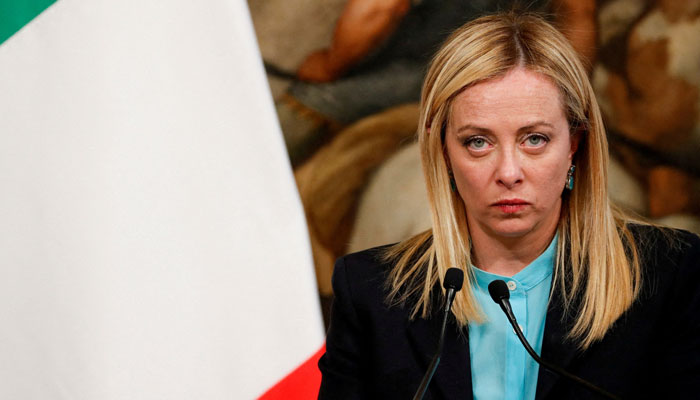 Italian Prime Minister Giorgia Meloni looks on during a news conference after her meeting with Spanish Prime Minister Pedro Sanchez at Palazzo Chigi, in Rome, Italy, April 5, 2023. — Reuters