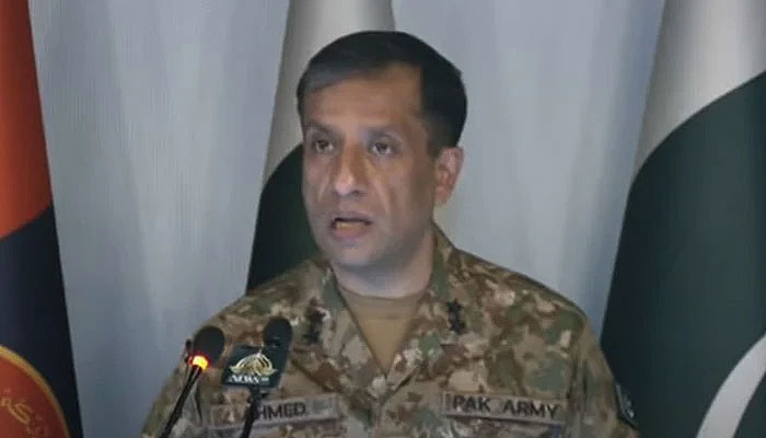 DG ISPR Lieutenant General Ahmed Sharif Chaudhry addresses a press conference in Rawalpindi on May 7, 2024. — Screengrab/Geo News