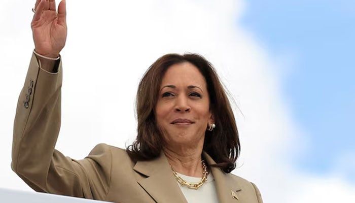 US Vice President Kamala Harris waves as she boards Air Force Two to depart on campaign travel to Philadelphia, Pennsylvania, at Joint Base Andrews, Maryland, US on July 13, 2024 — Reuters