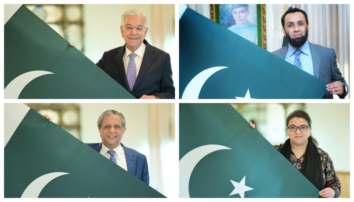 (Clockwise) Defence Minister Khawaja Asif, Information Minister Ataullah Tarar, Law Minister Azam Nazeer Tarar, and State Minister for IT Shaza Fatima Khawaja pose with Pakistans flag in Islamabad, on July 25, 2024. — PMs Office