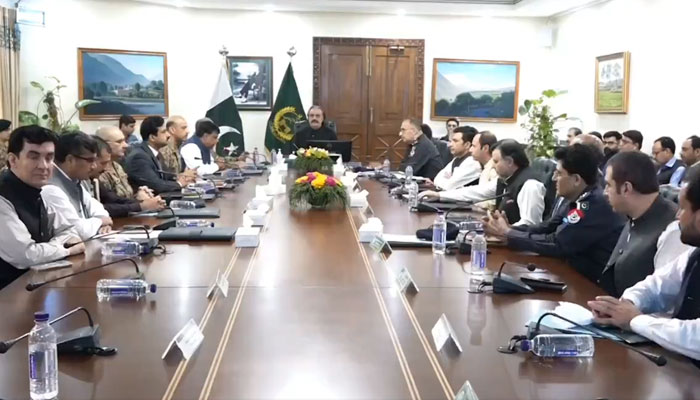 Khyber Pakhtunkhwa Chief Minister Ali Amin Gandapur chairing a meeting of the Apex Committee on July 25, 2024.  — x/KPChiefMinister/Screengrab