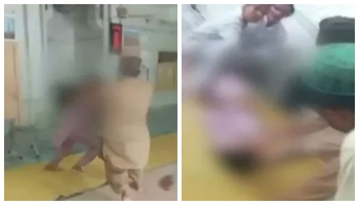 Blurred screengrabs from a video showing teacher of a madrassa in Faisalabad beating his student on July 24, 2024. — Geo News