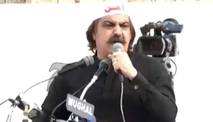 Khyber Pakhtunkhwa Chief Minister Ali Amin Gandapur addressing a gathering of the Aman Jirga in Bannu on July 26, 2024. — YouTube/Geo News/Screengrab