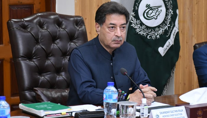 Chief Election Commissioner Sikandar Sultan Raja presides over a meeting on the February 8 general elections in this undated picture. — ECP/File