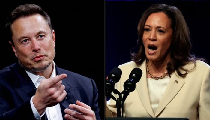 Elon Musk (L) teases Kamala Harris by posting a parody video on X. —Reuters