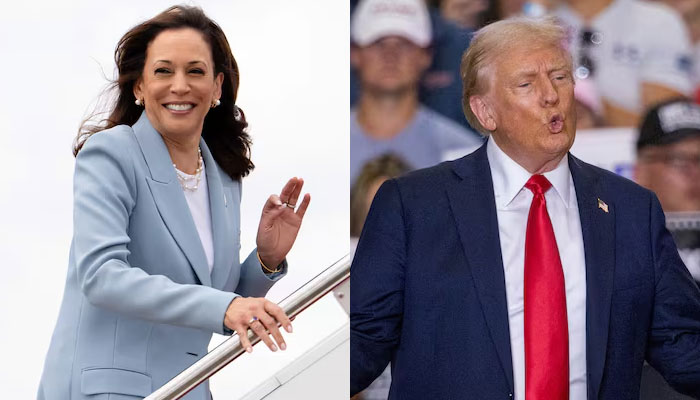 US Vice President Kamala Harris (left) boards Air Force Two at Joint Base Andrews in Maryland, US, July 30, 2024 and Republican presidential nominee and former US President Donald Trump (right) gestures during a rally in St Cloud, Minnesota, US, July 27, 2024. — Reuters