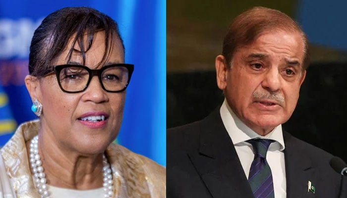 Patricia Scotland, General Secretary of the Commonwealth (left) and Pakistans Prime Minister Shehbaz Sharif. — Reuters/File