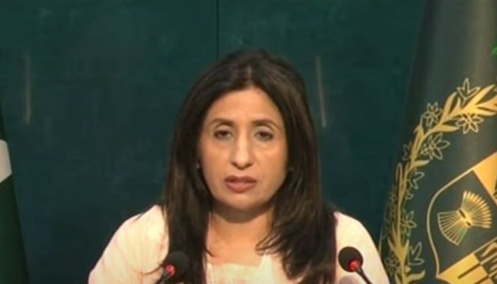 Foreign Office Spokesperson Mumtaz Zahra Baloch addresses the weekly press briefing in Islamabad on August 1, 2024. — Screengrab/YouTube/Geo News Live