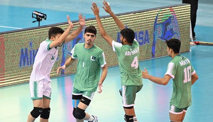 Pakistan players celebrate during the Super Eight match against Chinese Taipei, Asia U18 Volleyball Championship 2024, Bahrain, August 1, 2024. — Reporter