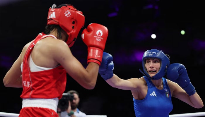 Angela Carini of Italy in action against Imane Khelif of Algeria on North Paris Arena, Villepinte, France - August 01, 2024. — Reuters