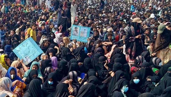 People from the Baloch community take part in a demonstration in Balochistans Gwadar on July 28, 2024. — AFP