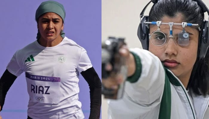 Faiqa Riaz at the Paris Olympics (left) and Kihsmala Talat taking an aim. — Author/AFP/File