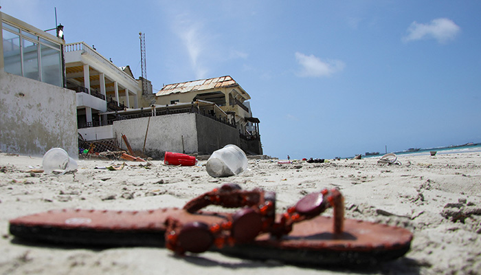 An abandoned shoe lies at the scene of an explosion that occurred while revellers were swimming at the Lido beach in Mogadishu, Somalia August 3, 2024. — Reuters