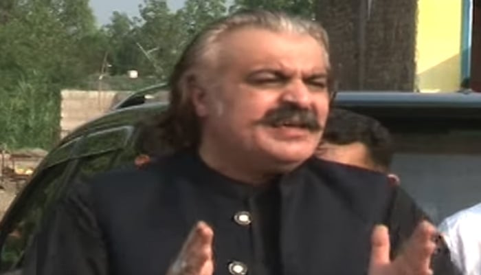 Khyber Pakhtunkhwa Chief Minister Ali Amin Gandapur addresses the press conference outside Adiala Jail, Rawalpindi, August 03, 2024. — Screengrab via Geo News