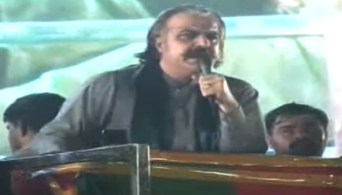 Khyber Pakhtunkhwa Chief Minister Ali Amin Gandapur addresses the PTI power show in Swabi on August 5, 2024. — Screengrab via Geo News