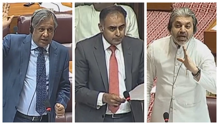 (From left to right) Federal Law Minister Azam Nazeer Tarar, PML-N lawmaker Bilal Azhar Kiyani and PTI leader Ali Muhammad Khan speak during a NA session on August 6, 2024. — Screengrab via Geo News