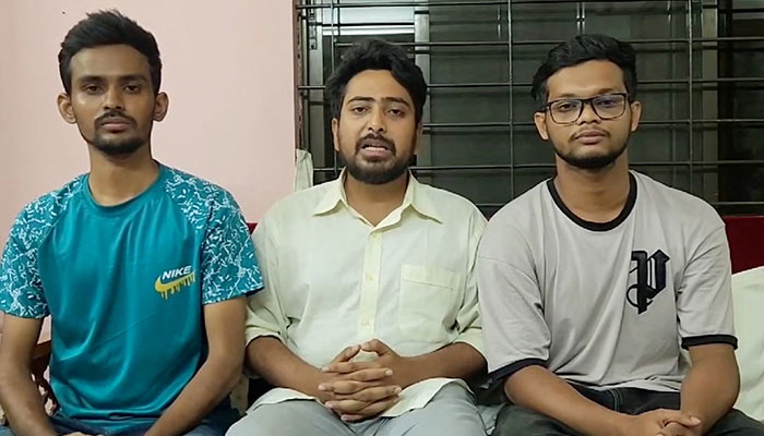 (From left to right) Bangladeshi student leaders Asif Mahmud, Nahid Islam, and Abu Bakar Majumder, who spearheaded a movement against job quotas that turned into a call for now former PM Sheikh Hasina to resign, issue a statement in Dhaka, Bangladesh in this image released on August 6, 2024. — Reuters