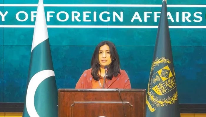 FO Spokesperson Mumtaz Zahra Baloch speaks during her weekly press briefing in this still in Islamabad. — Facebook/Ministry of Foreign Affairs/File