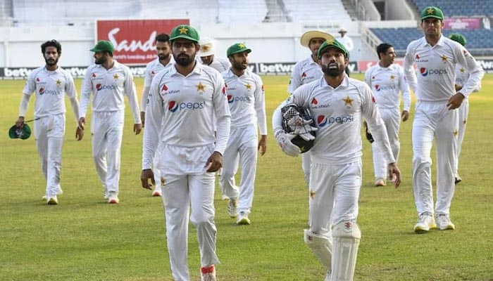 Pakistan cricket team in Test outfit. — AFP/File