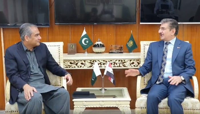 Interior Minister Mohsin Naqvi (left) and Iraqi Ambassador Hamid Abbas Lafta speak during the meeting in Islamabad on August 7, 2024, in this still taken from a video. — Radio Pakistan