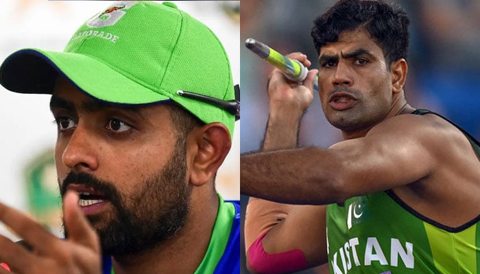 Pakistan cricket teams white-ball captain Babar Azam (left) and Pakistans javelin thrower Arshad Nadeem. — AFP/File