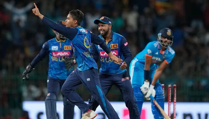 The Sri Lankan team celebrates as India loses in ODI. — AFP/File