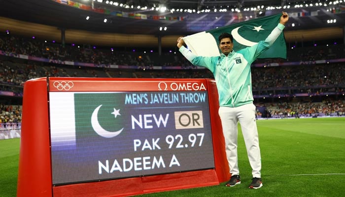 Pakistans javelin star Arshad Nadeem celebrates on August 08, 2024 in Paris, France. — Reuters