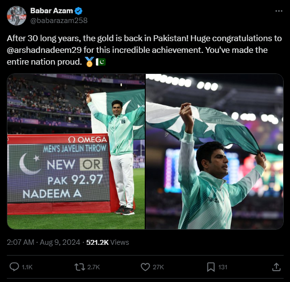 Pakistani sports personalities hail Arshad Nadeem