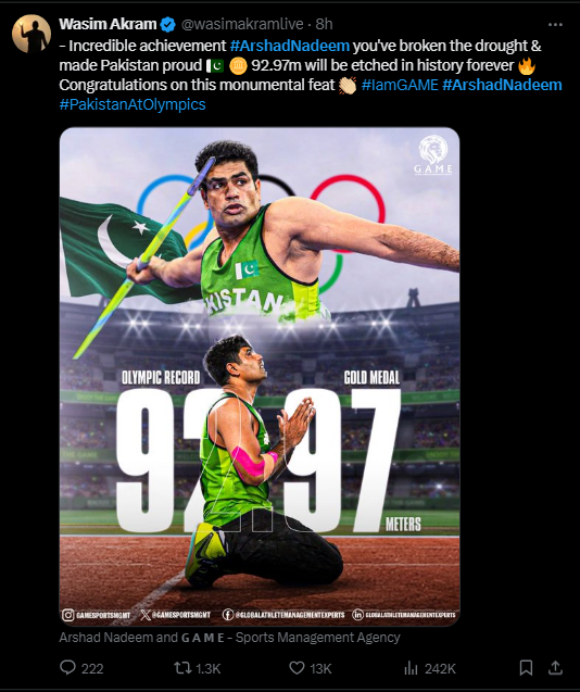 Pakistani sports personalities hail Arshad Nadeem