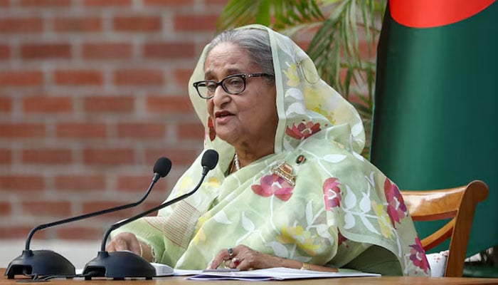 Sheikh Hasina speaks during a meeting with foreign observers and journalists at the Prime Ministers residence in Dhaka, Bangladesh, January 8, 2024. — Reuters