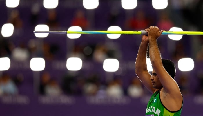 Arshad Nadeem of Pakistan prepares to throw javelin in Paris Olympics 2024 on August 8, 2024. —Reuters