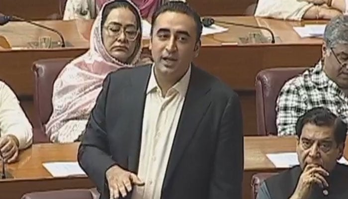 PPP Chairman Bilawal Bhutto-Zardari speaks during the National Assembly session in Islamabad on August 9, 2024. — Screengrab via YouTube/Geo News Live