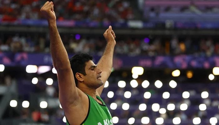 Pakistans javelin thrower Arshad Nadeem celebrating after his record breaking 92.97m throw at the Paris Olympics javelin final event on August 8, 2024 at the Stade de France in Saint-Denis, Paris, France. — Reuters