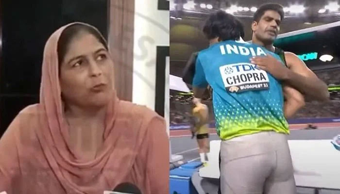 Indias javelin thrower Neeraj Chopras mother (left) and Pakistans Arshad Nadeem hugging the silver medal winner. — Screengrab/X