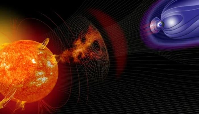 Earth surrounded through sun hurricane risking satellites, energy grids