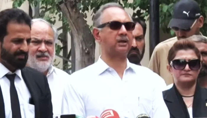 NA Opposition Leader and PTI Secretary General Omar Ayub speaks to reporters in Lahore, on August 10, 2024. — Screengrab via Geo News