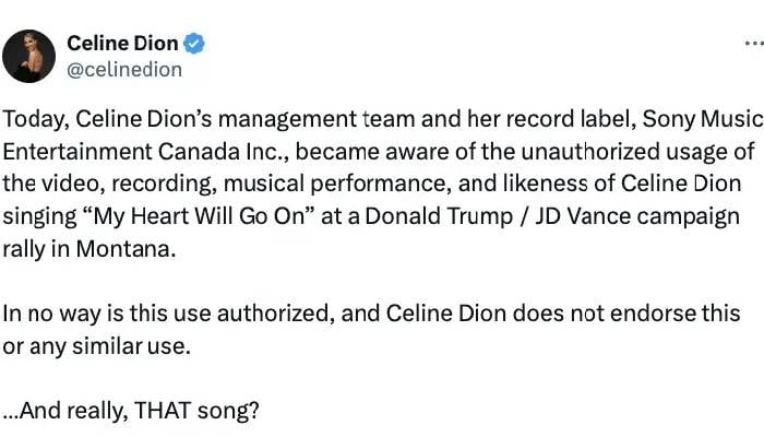 Céline Dion criticizes Trump for unauthorized use of “My Heart Will Go On” at rally