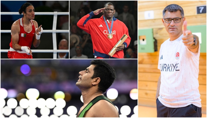 (R-L clockwise) Turkish Olympic silver medallist Yusuf Dikec, Pakistans gold medallist Arshad Nadeem, Algerian boxer Imane Khelif and Cuban wrestler Mijain Lopez. —AFP/File