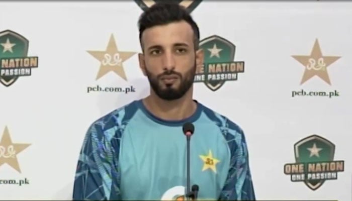 Pakistan’s Test captain Shan Masood addressing the press conference in Rawalpindi on August 11, 2024. — Geo News/Screengrab