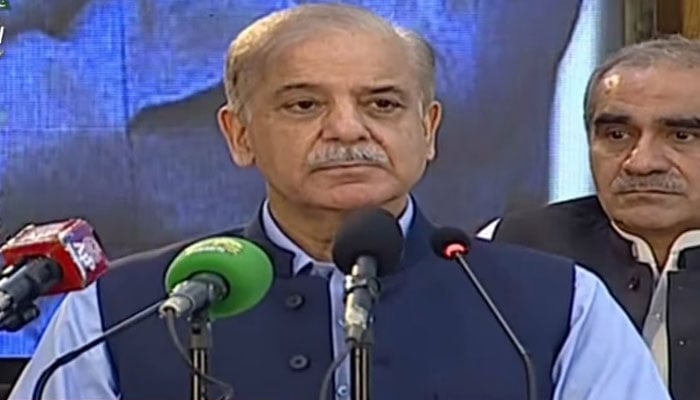 Prime Minister Shehbaz Sharif addressing the Minorities Day in Lahore on August 11, 2024. — Geo News/Screengrab