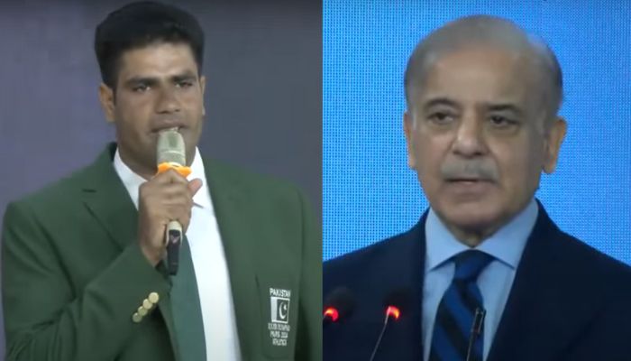 Ace javelin thrower Arshad Nadeem (left) and Prime Minister Shehbaz Sharif speaking at a dinner reception at the PM House on August 13, 2024. — Screengrab/YouTube/GeoNews